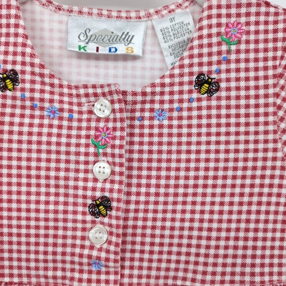 Red Gingham 3T Dress w/‎ Bee & Floral Embroidery Picnic Church by Specialty Kids - Picture 5 of 7